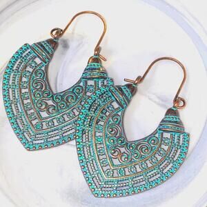 New Native Boho Aztec Turquoise Patina Earrings‎ Hoop Tribal Ornate Rustic